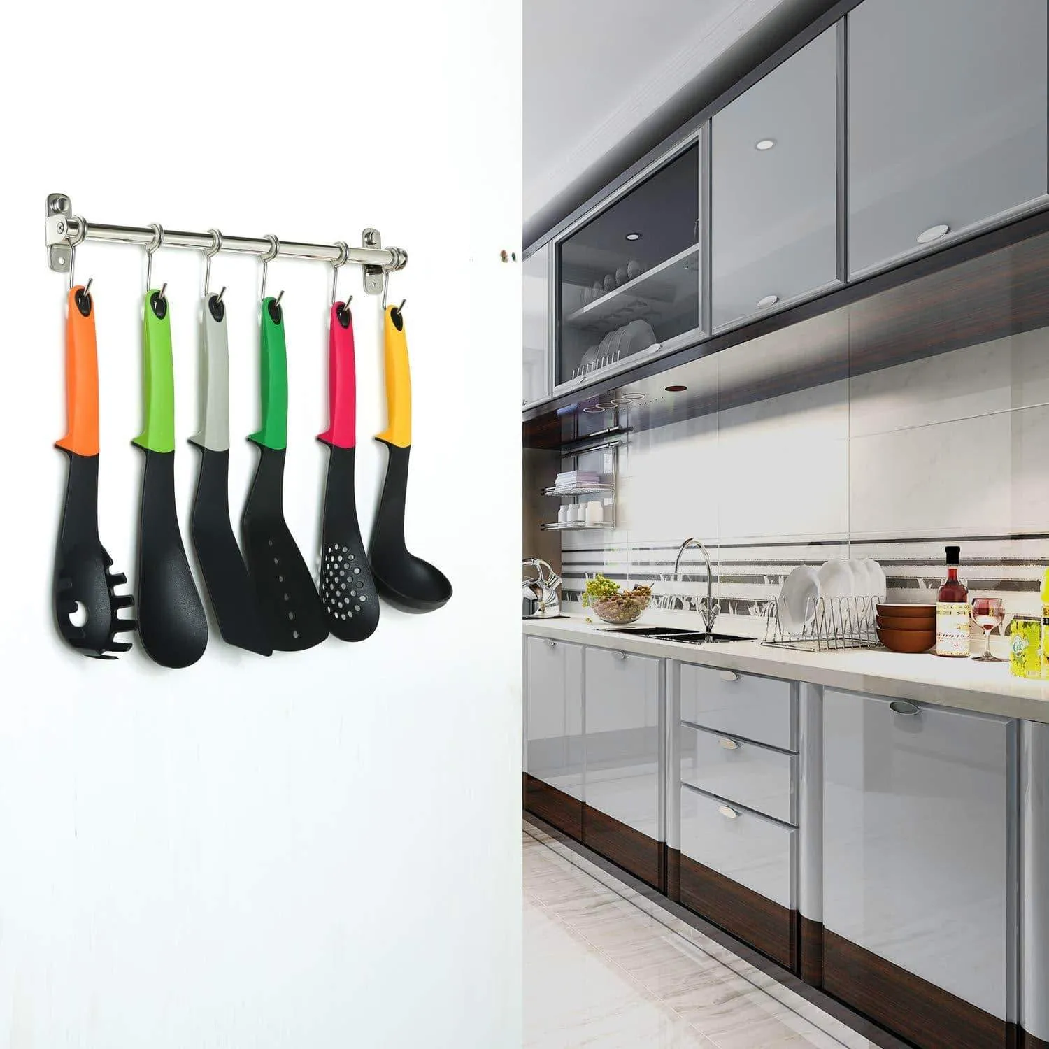 BAOEF Kitchen Sliding Hooks, Solid Stainless Steel Hanging Rack Rail with 12 Utensil Removable S Hooks for Towel, Pot Pan, Spoon, Loofah, Bathrobe, Wall Mounted