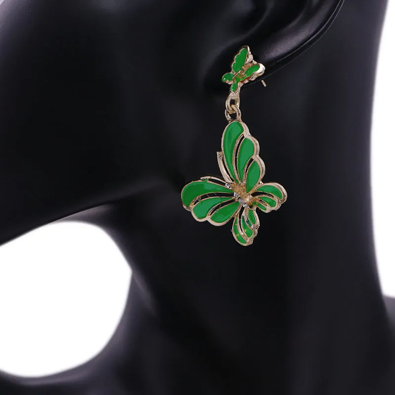 Green Butterfly Rhinestone Dangle Earrings